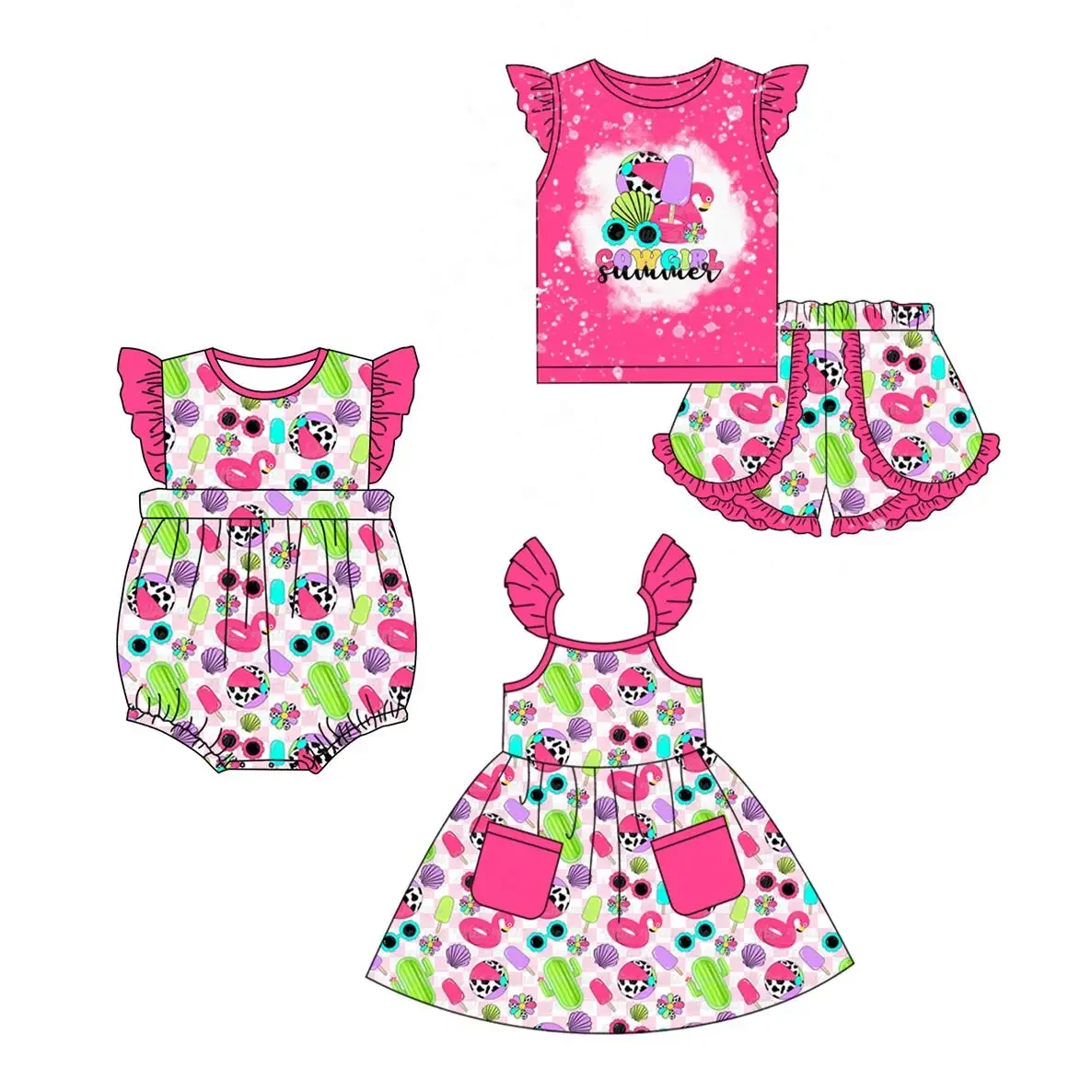 Conjunto de ropa con estampado de dibujos animados para niñas, mono de perlas para niños pequeños, ropa de bebé de moda de boutique, color rosa, novedad de verano