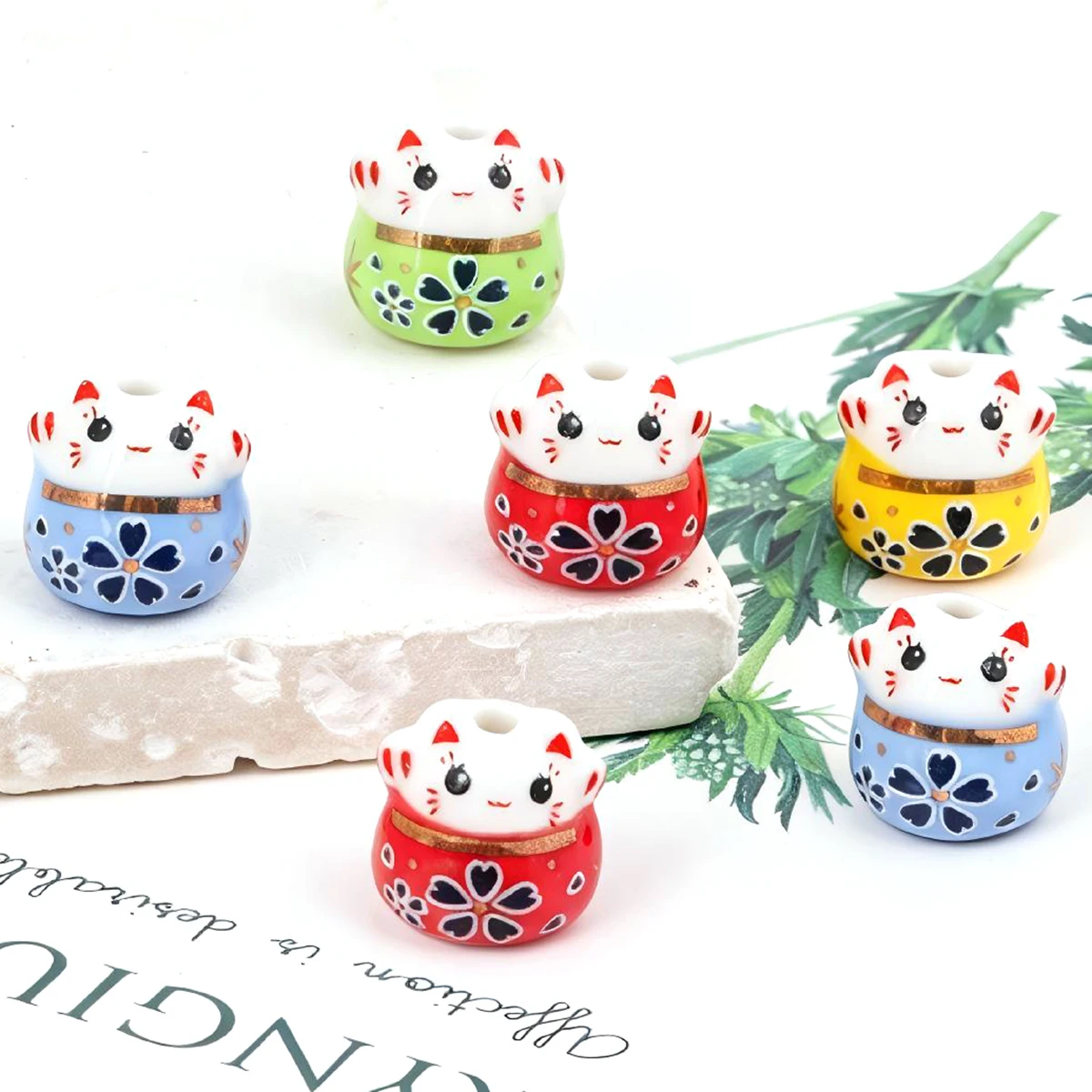 4/9pcs Random Color Floral Maneki Neko Ceramic Beads 13mm Loose Beads For DIY Bracelet Necklace Hair Accessories Craft Making