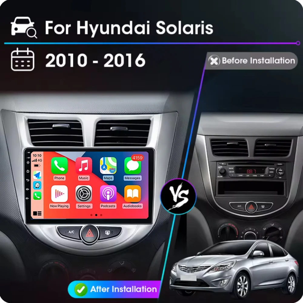 Для Hyundai Solaris 1 2010-2016 9 "Android 14 2K QLED стерео автомобильный радиоприемник мультимедийный видеоплеер GPS WIFI 4G CarPlay головное устройство BT