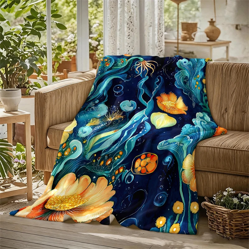 Blue Orange Marine Blooms Flannel Blanket Soft Warm Christmas Halloween Blanket for Lightweight Cozy Room Home Decor Gifts