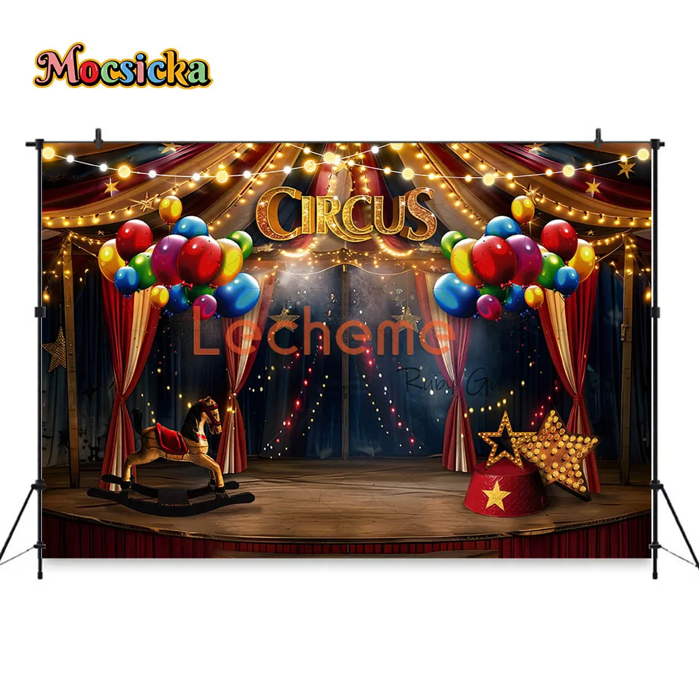 Mocsicka Zirkus-Themen-Fest-Fotografie-Hintergrund, glitzernde Lichter, roter Zelt-Hintergrund, Kindergeburtstag, Party, Kuchen zerschlagen, Fotostudio