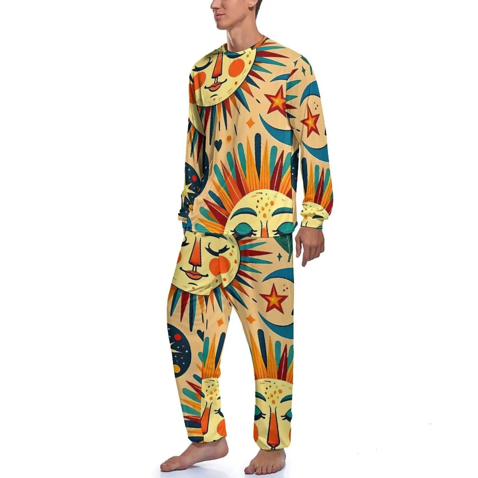 Suns  And Moons Celestial Print Pajamas Spring 2 Piece  Elegant Pajamas Set Mens Long-Sleeve Home Design Sleepwear