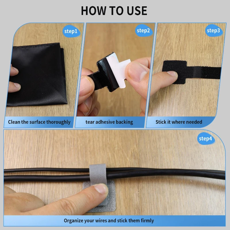 Self Adhesive Reusable Hook and Loop Cable Ties - Adjustable Cord Organizer Straps for Desk, Home & Office Cable Management