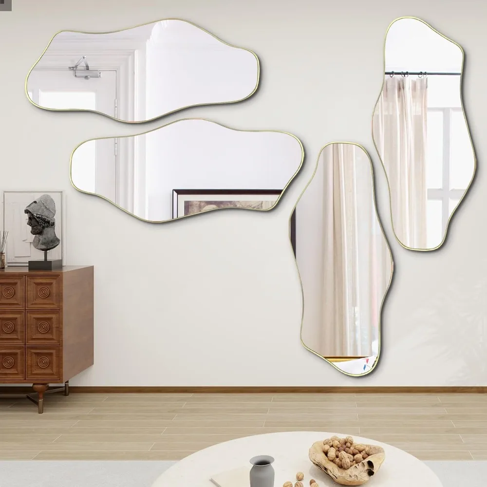 Espelho irregular de comprimento total, 59 "x 25,5" grandes espelhos assimétricos decorativos, espelho em forma de nuvem dourada, ondulado abstrato sem moldura