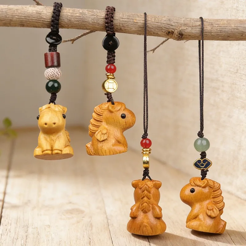 Handmade Bocote Wood Carved Pegasus Mini Pendant Phone Strap Keychain Bag Hanging Ornament Wooden Craft Decor Home Decoration