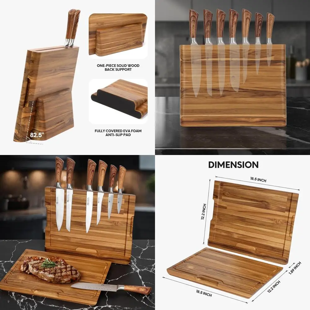 

Premium Teak Wood Magnetic Knife Block and Cutting Board - 2-in-1 Kitchen Organizer for Large Spaces
