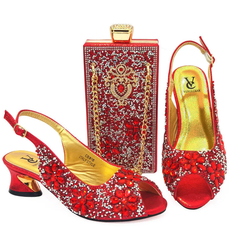 

Latest Red Color Italian Ladies Shoes and Bag Sets Decorated with Rhinestone African Matching Shoes and Bags Italian In Women