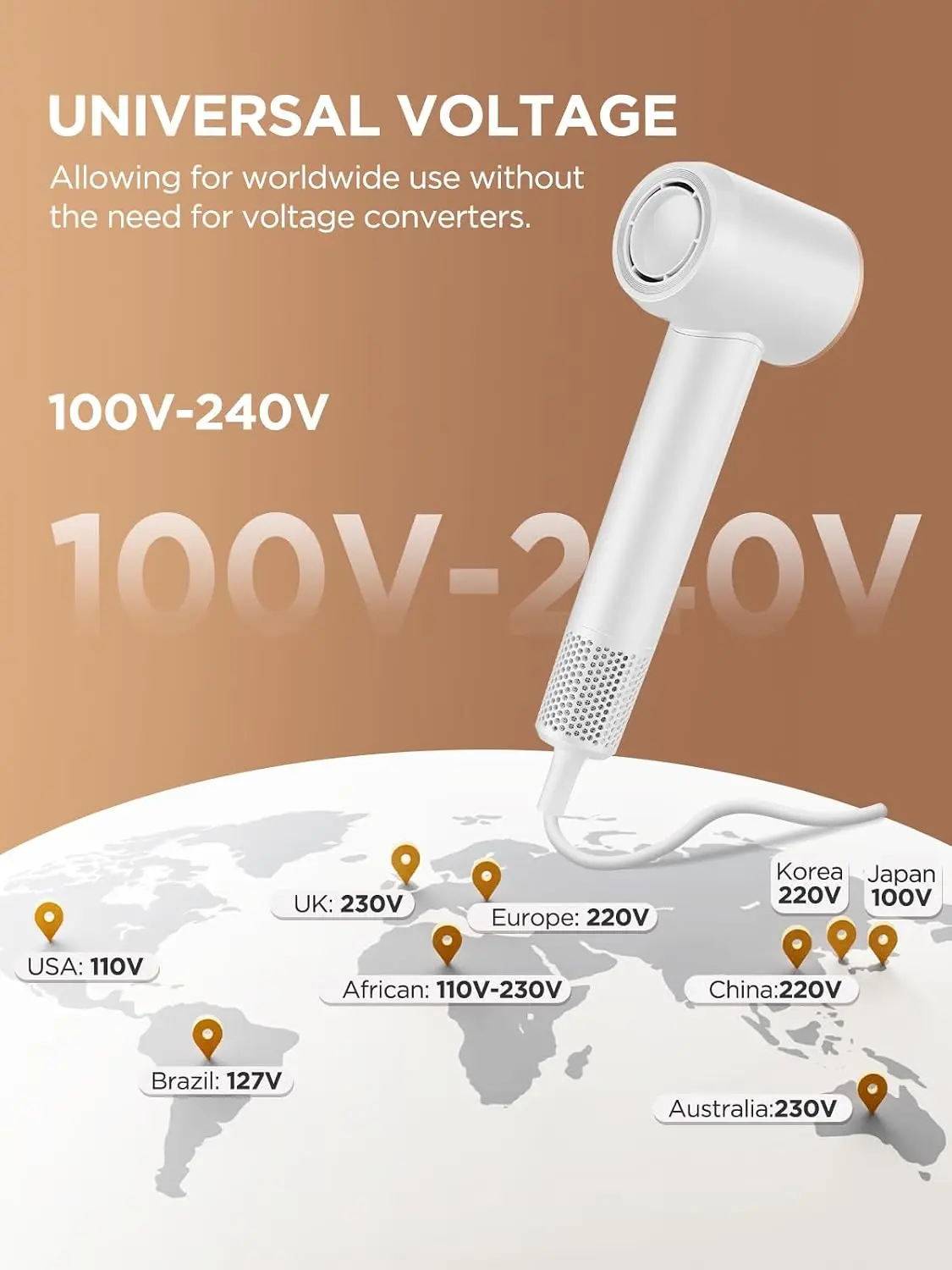 High-Speed Ionic Travel Hair Dryer, Dual Voltage Blow Dryer with Diffuser, Fast-Drying and Low-Noise, Lightweight