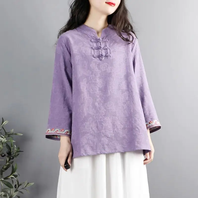 Chinese Style Retro Stand Collar Button Cotton Linen Women\'s Spring Autumn Folk Embroidery Long Sleeve Pullover Loose Shirt Tops