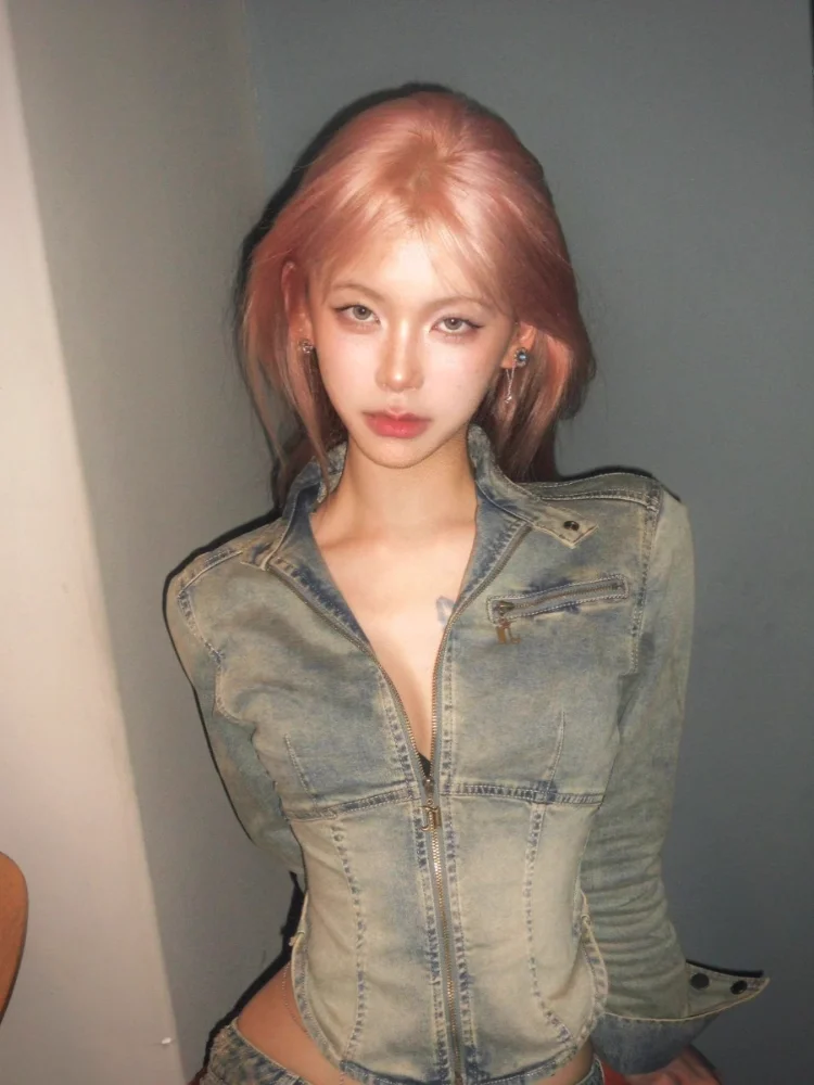 

Denim jacket women's washed cotton American retro old spring and autumn small short slim zipper waist stand-up collar fashiontop