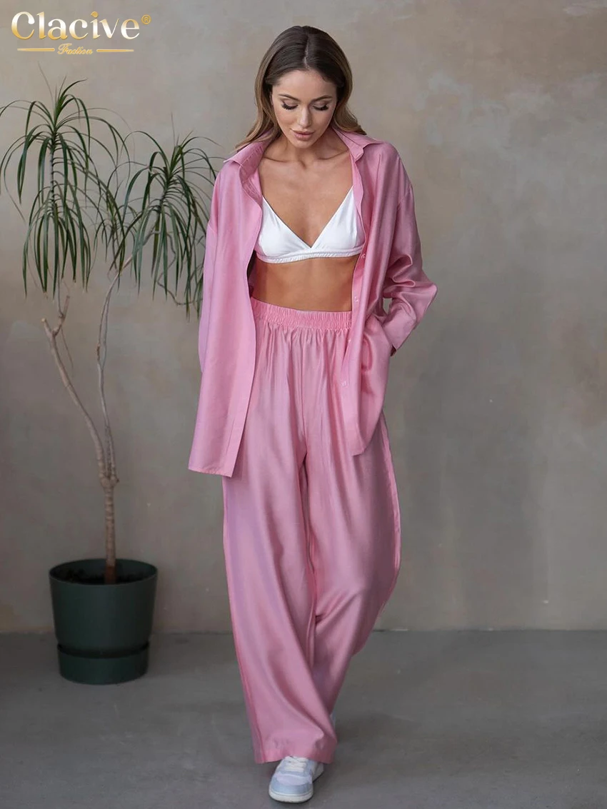 Clacive Fashion Loose Pink Trousers Sets For Women 2 Pieces Elegant Long Sleeve Shirts With High Waist Wide Pants Set Female