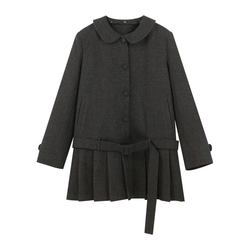 Thick Pleated Coat Loose Fit Commuter Style with Doll Collar Regular Sleeve Midi Length Long Sleeve Casual Women Autumn Coat