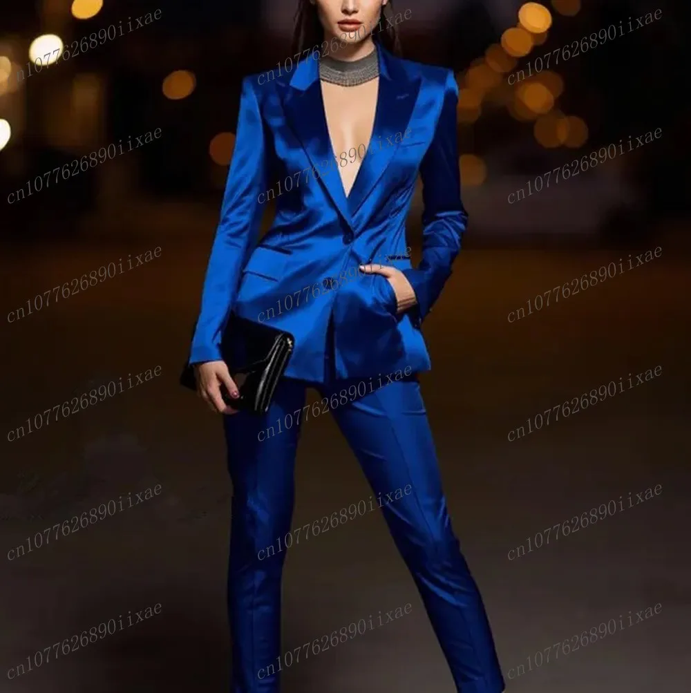 

New Royal Blue Acetate Satin Formal Women Suit Wedding Party Business Prom Mother Lady Tuxedos 3 Piece Set Blazer Vest Pants