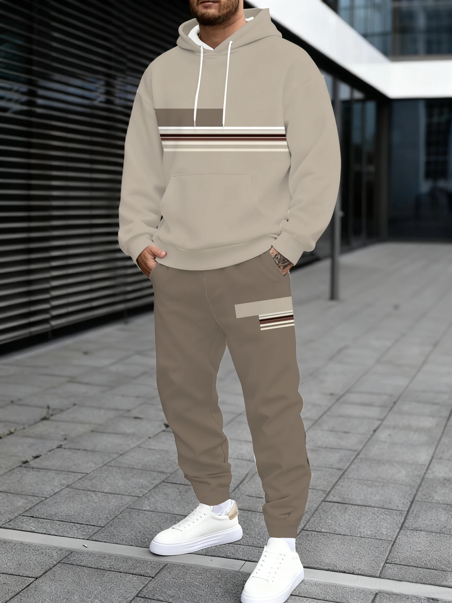 

Мужская толстовка с капюшоном в сочетании со спортивными штанами с рисунками кроликов в стиле аниме, также универсальный уличный стиль.