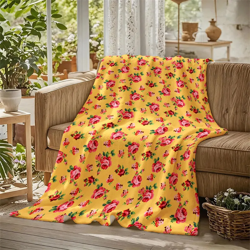 Yellow Base Rose Print Flannel Blanket Perfect for Sofa Office Bed Travel Sleep Read Relax Camping Four Season Use