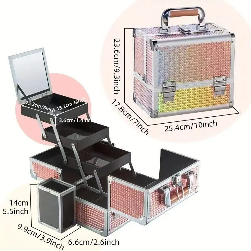 

Makeup Train Case Cosmetic Box Portable Makeup Case Organizer 3 Trays Makeup Storage with Mirror Locking for Cosmetologist