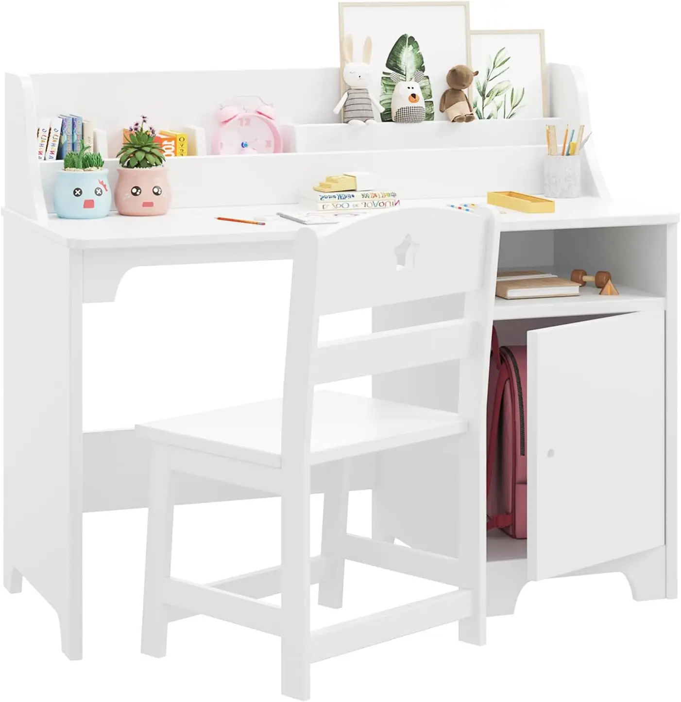 

Kids Desk And Chair Set,Study Desk For Kids With Hutch, Storage Cabinet, Wooden Children Study Table, Student Writing Desk