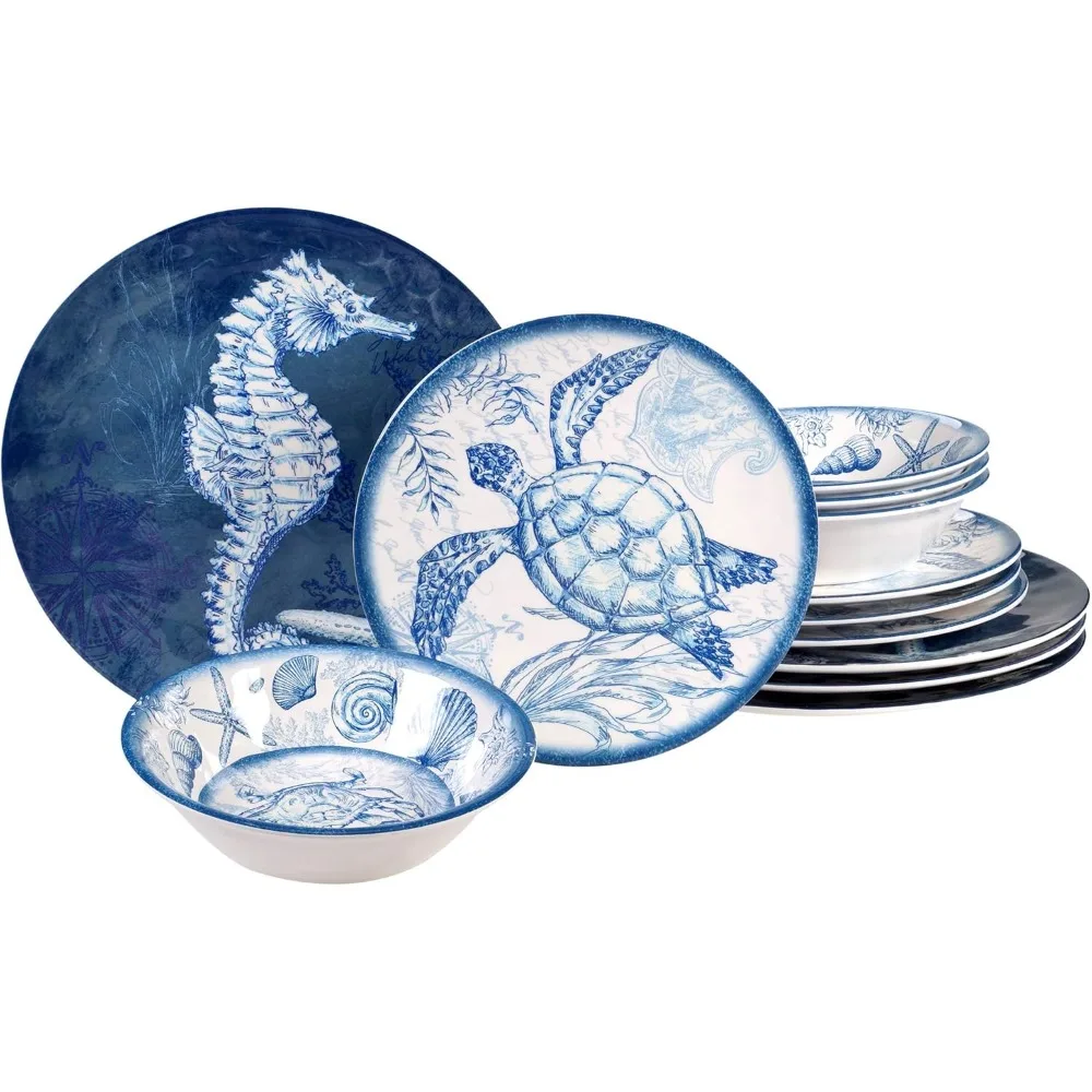 

International Oceanic 12-Piece Melamine Dinnerware Set for 4, Vibrant Multicolored Pattern