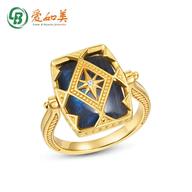 

Retro 18K Gold PT950 Platinum Silver Plated 7-layer Gold Ring with Geometric Hollow Blue Feldspar and Two Rings