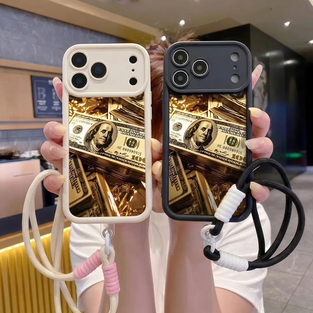 Luxury Golden Dollar Wrist Strap Phone Case For Samsung Galaxy S26 S25 S24 Plus S23 Ultra A36 A54 A55 A16 A53 A56 Lanyard Cover