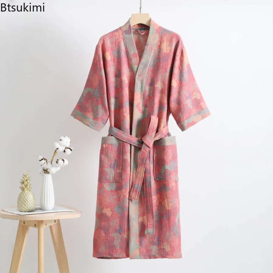 Spring / Summer Pure Cotton Double Layer Gauze Bathrobe Thin Dyed Fabric Home Clothing Couples Japanese Style Kimono Robe Pajama