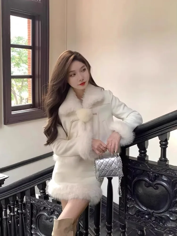 Insozkdg New Chinese Style Elegant High-End Skirt Suits Women Autumn Winter Long Sleeves Bouclé Fur Coat Half Skirt 2-Piece Set