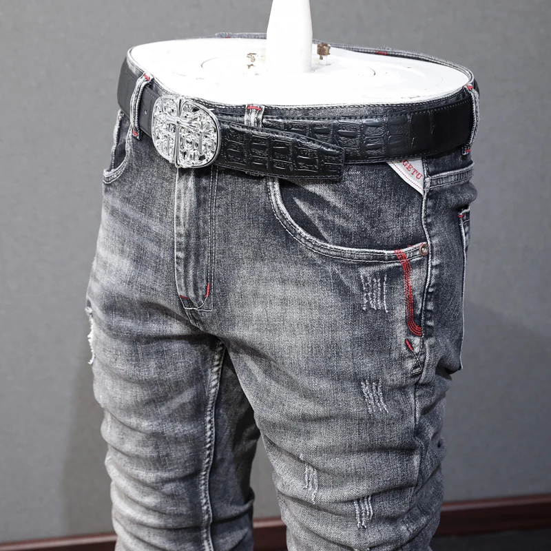 Fashion Designer Men Jeans High Quality Retro Black Gray Elastic Slim Fit Ripped Jeans Men Embroidery Vintage Denim Pants Hombre