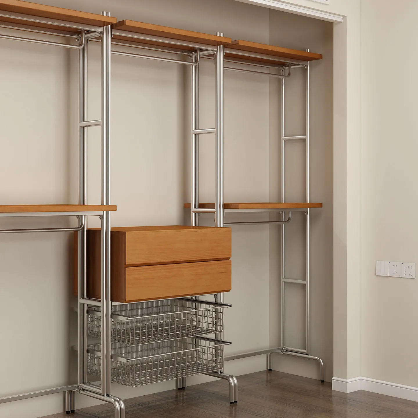 Metal wardrobe solid wood explosion bedroom household floor basket steel frame structure full hanging cloakroom