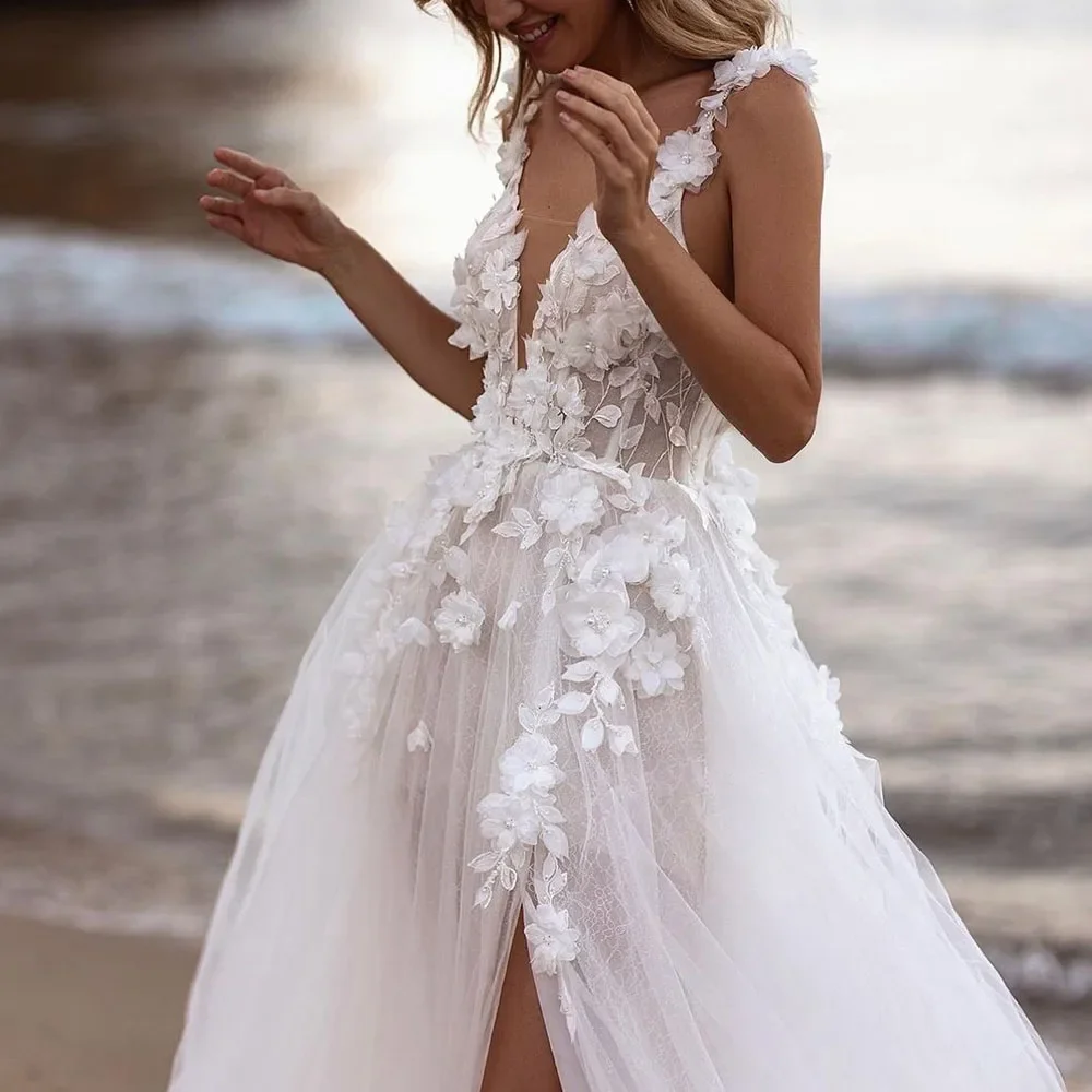 

Customized Appliques Wedding Dresses Sleeveless Backless Beach Party Gowns Split Chapel Train Gowns Luxury Bridal Dress