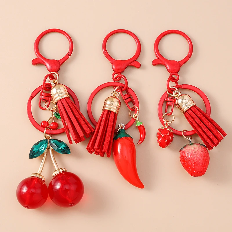 Fashion Resin Simulation Fruit Keychain Women Girls Chilli Strawberry Cherry Key Ring Pendants For Handbag Decor Jewelry Gifts