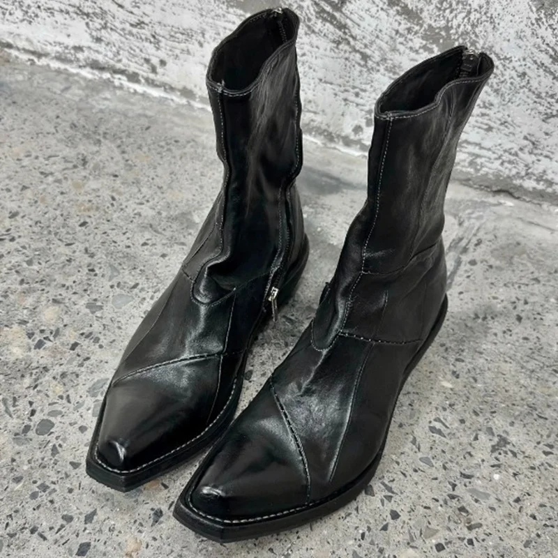 Retro Stitched Pointed Wizard Boots For Men Chelsea Boots Western Cowboy Boots Knight Boots Designer Men Boots Botas Mujer