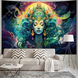 Psychedelic Flower Goddess Tara Tapestry Boho Wall Hanging, Cloud Based Wonderland Background, for Room Decor Aesthetic Yoga Mat