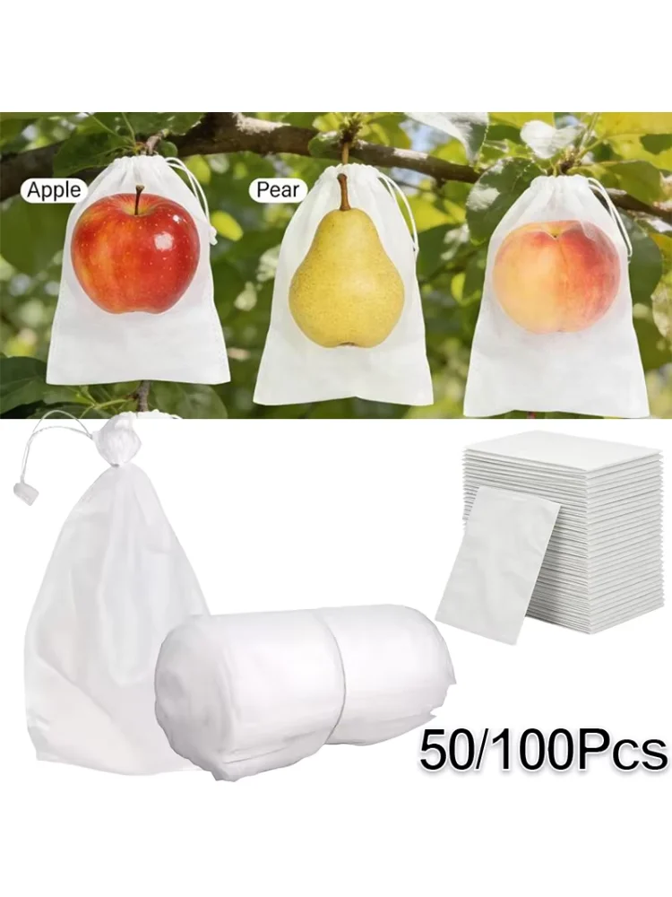 50/100Pcs Fruit Protection Bags with Drawstring Breathable Mesh Netting Insect Bird Pest Deer Proof Cover for Apple Grape Tree