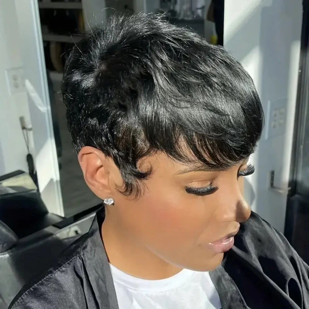 짧은 픽시컷 가발 천연 블랙 인모 픽시컷 곱슬머리 전체 기계식 가발