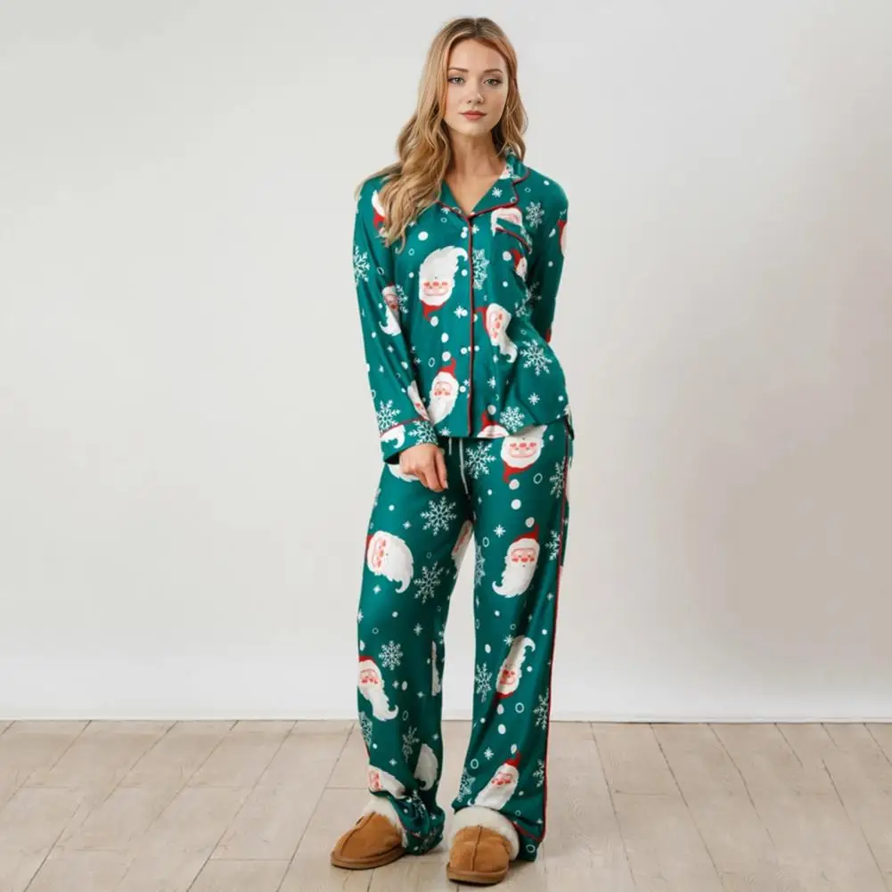 Lightweight Pajama Set Women\'s Christmas Pajama Set with Santa Print Long Sleeves Elastic Waist 2 Piece Homewear Clothes for A