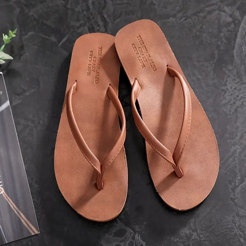 2023 Flip-flops Women Fashion Sandals Couples Clip-on Leather Beach Slippers Summer Outside Flat with Slipper Women Men Shoes - Image 4