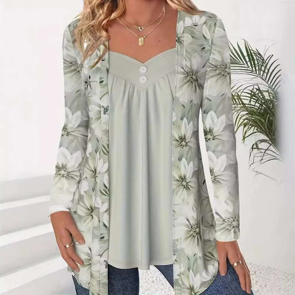 Camiseta de manga larga con botones para mujer, camiseta estampada a la moda, estilo europeo americano, Otoño Invierno, nuevas existencias, ropa de talla grande