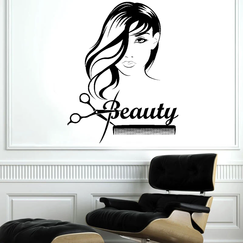 Beauty Salon Girl Long Hair Scissors Comb Barbershop Wall Stickers Vinyl Interior Decor Decals on The Wall Hairdressing Art E509