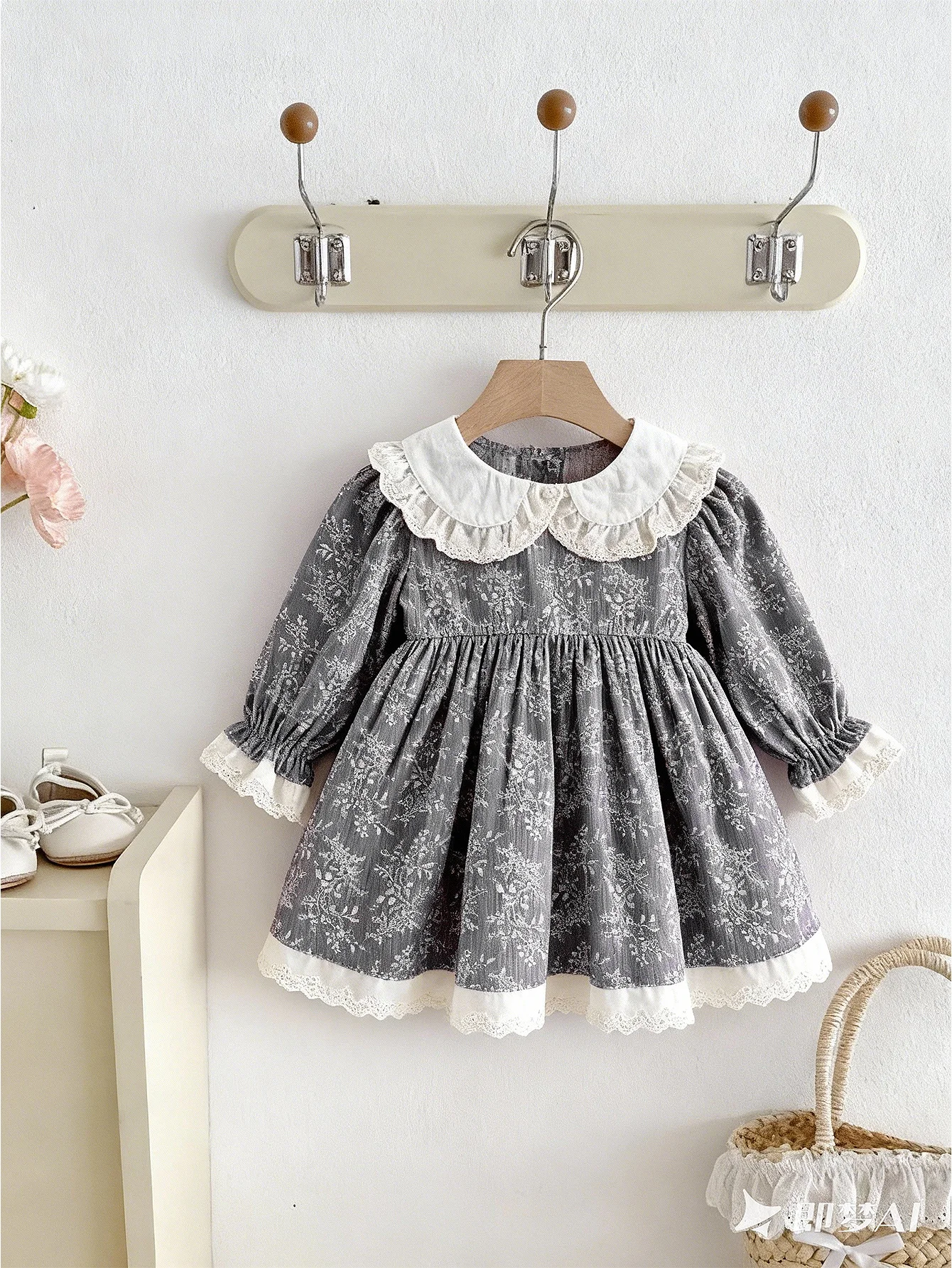 Spring Girl's Dress, Corduroy Lace Collar Long-Sleeved Casual Dress for Going Out