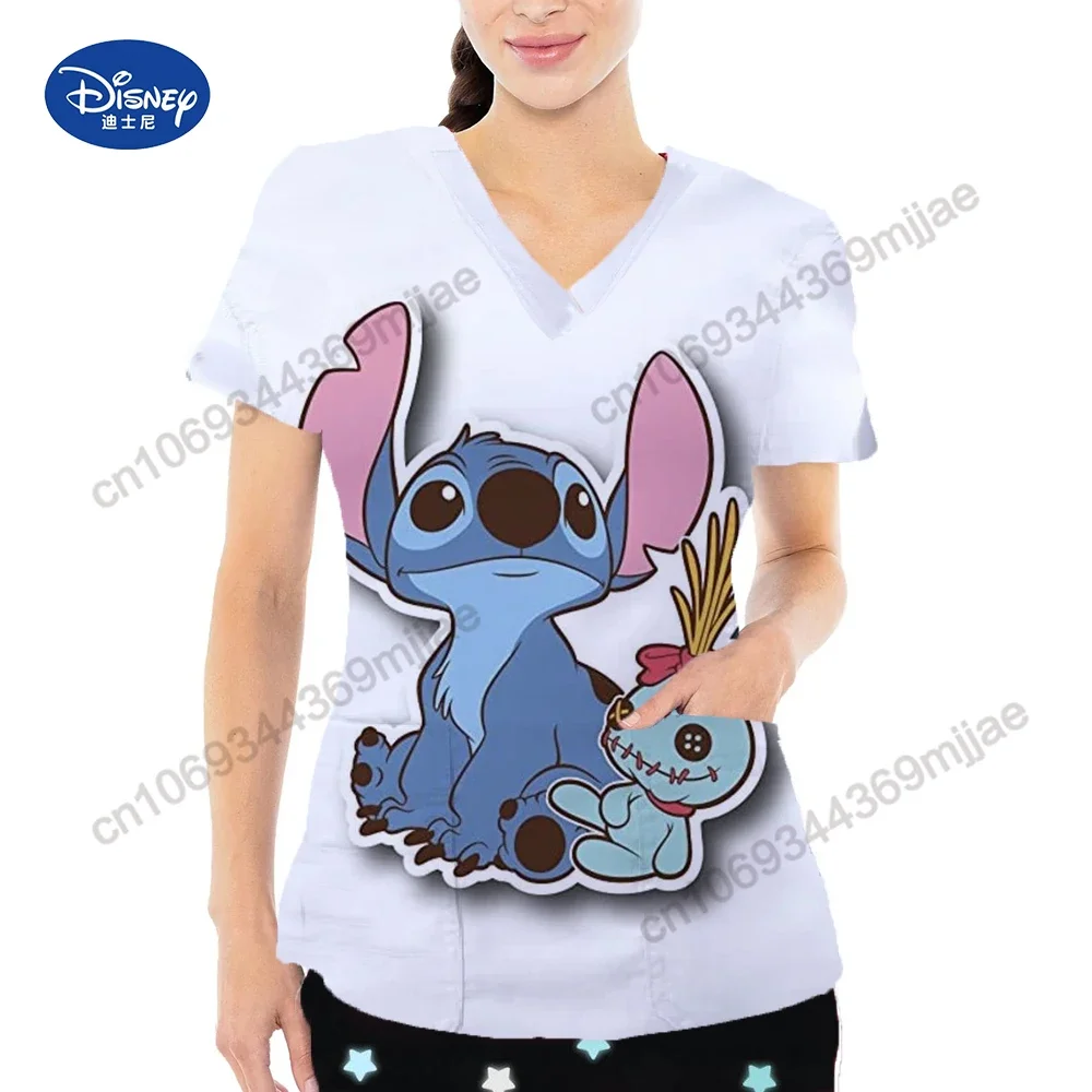 Summer Cartoon Character Printed Women's Top with Large Pocket V-neck Short sleeved Women's T-shirt Comfortable Nurse Uniform