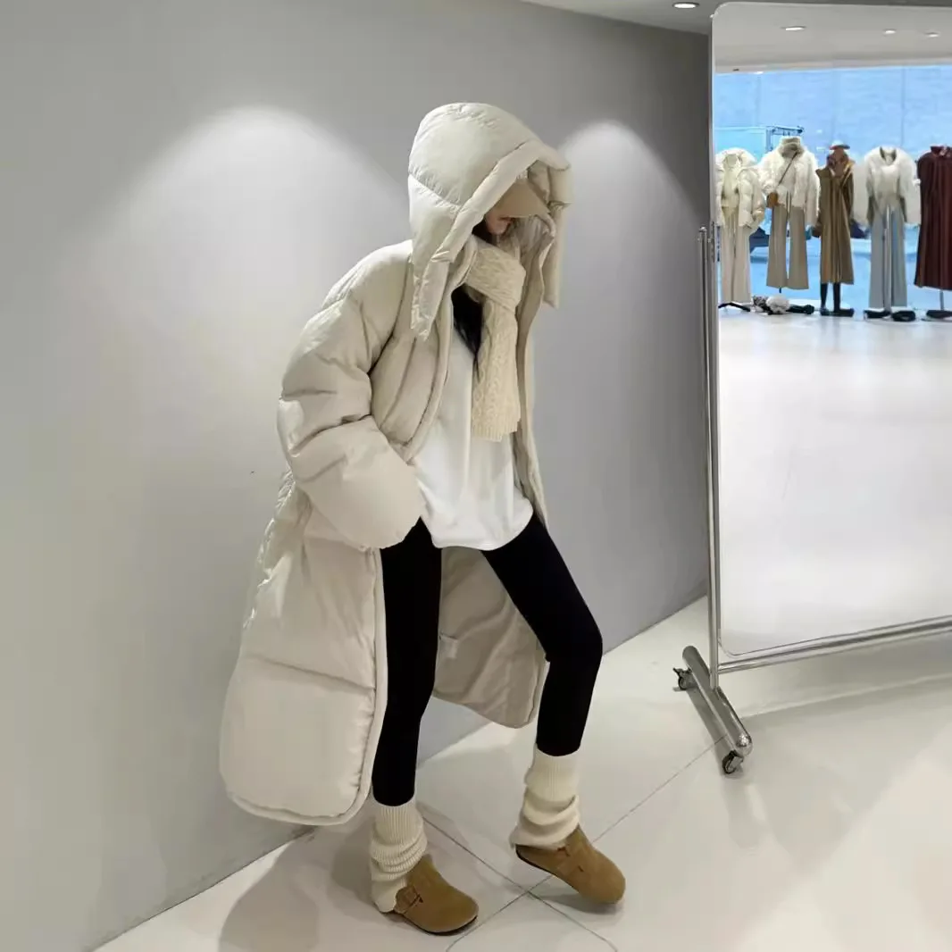 

Long down jacket for women, over the knee 2024 new style, thick goose down comforter, loose oversized winter gray jacket, trendy