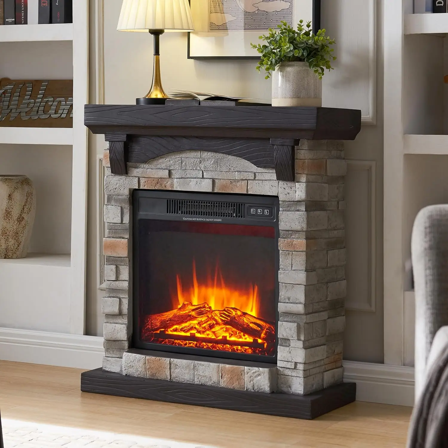 Electric Fireplace with Mantel, 28”W Faux-Stone Fireplace Mantel, Tall Fire Place Freestanding with Brightness Control LED Flame