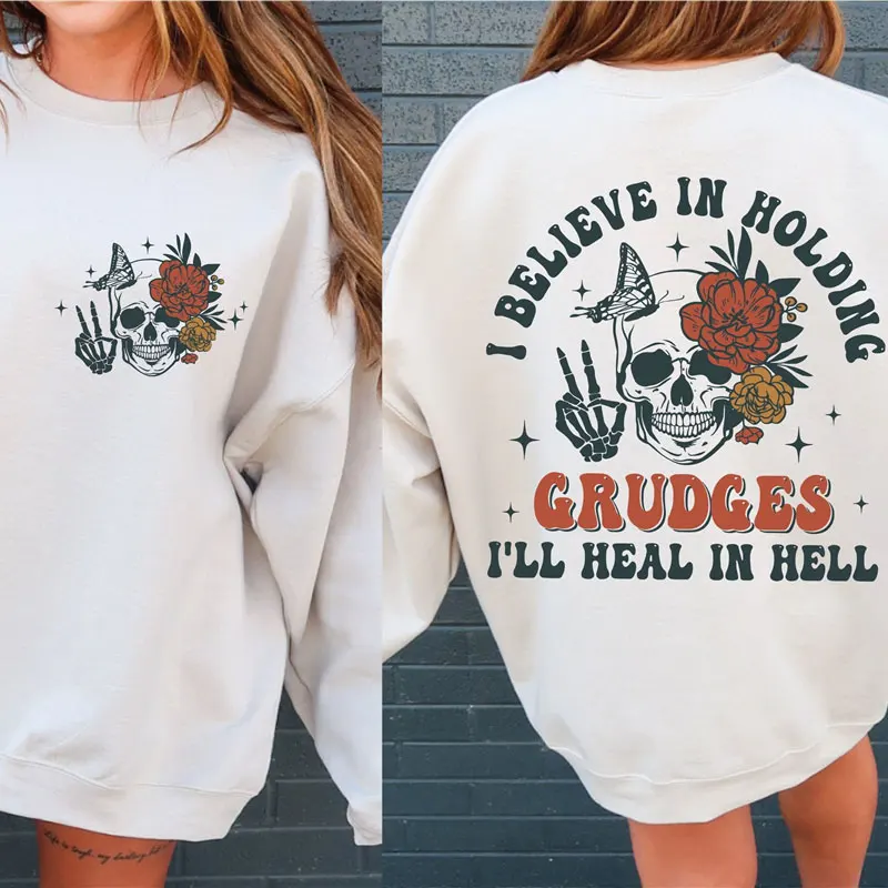 Holding Grudges Floral Skull Print Tracksuit Women Classic Retro Fashion Sweatshirts Fleece Warm Casual Clothes Oversize Hoodies