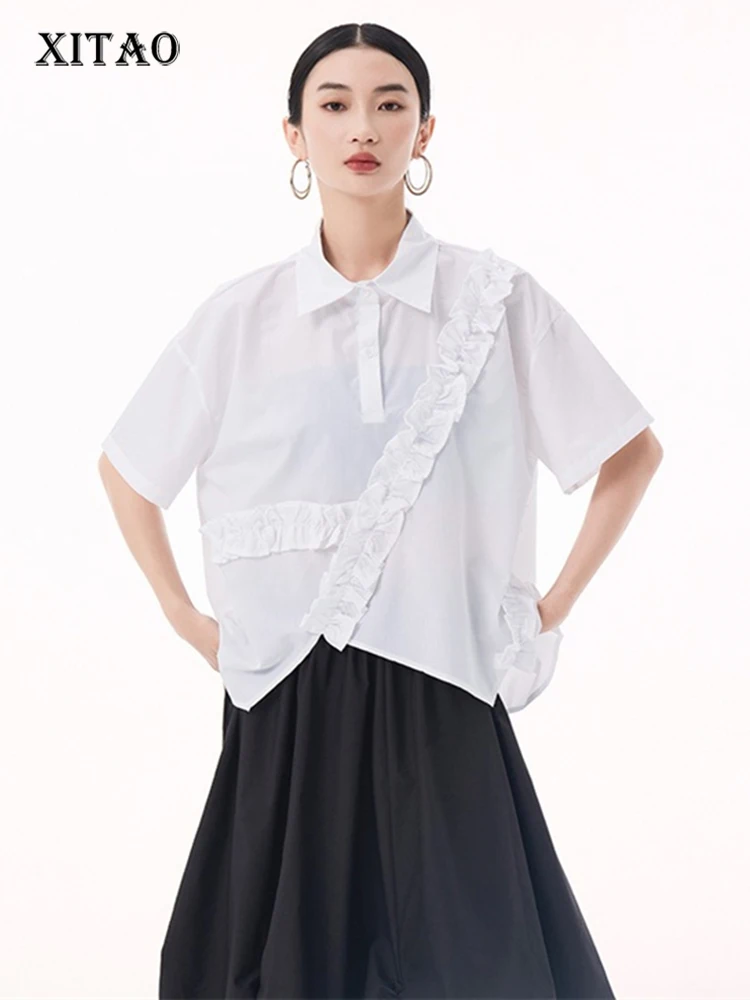 

XITAO Patchwork Irregular Short Sleeve Shirt Solid Color Casual Turn-down Collar Fashion All Match Slimming Shirt GMM1373