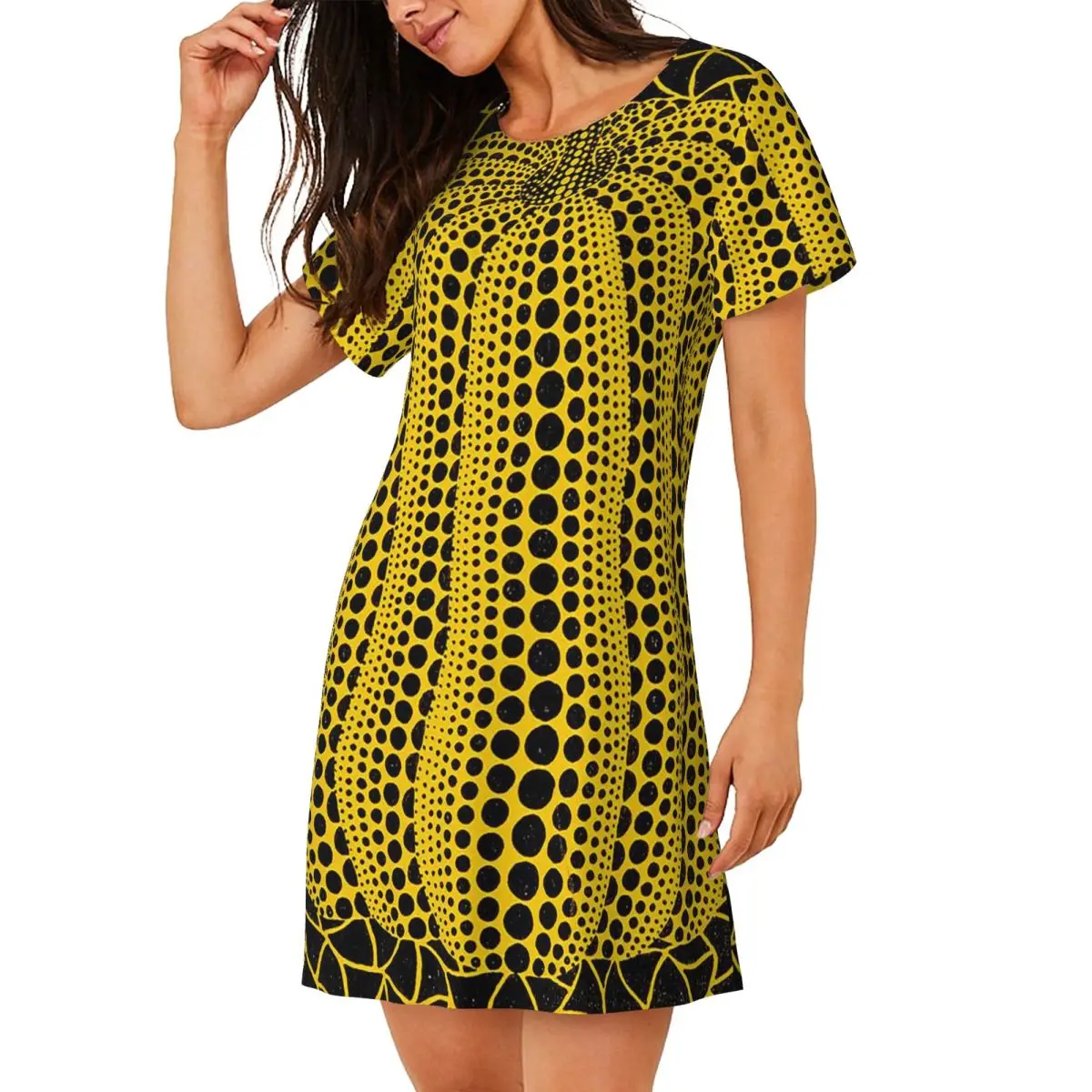 

Custom Yayoi Kusama Pumpkin Abstract Art Short Sleeves Nightdress For Sleeping Women Short Sleeve Nightgowns Loose Pajama Dress