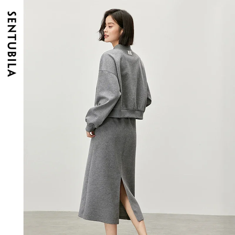SENTUbila-2-Pieceレディースニットセット、野球カラー、クロップドスウェットシャツ、ストレートスリットヘムロングスカート、143z57129、2022冬