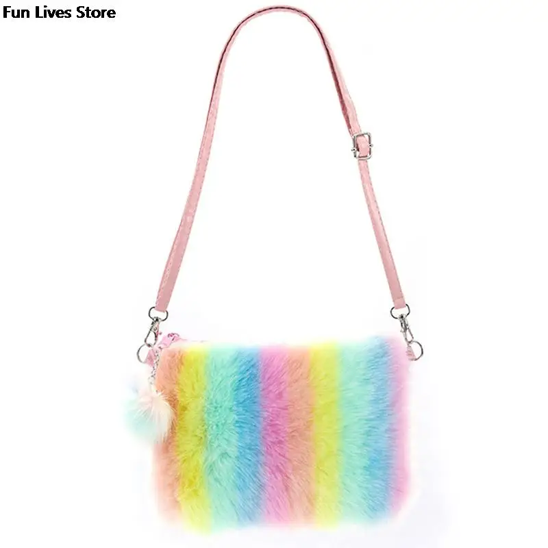 Women Colorful Plush Shoulder Bag Rainbow Fur Handbags Cute Crossbody Bags Adjustable Leather Belts Satchels Girls Furry Handbag