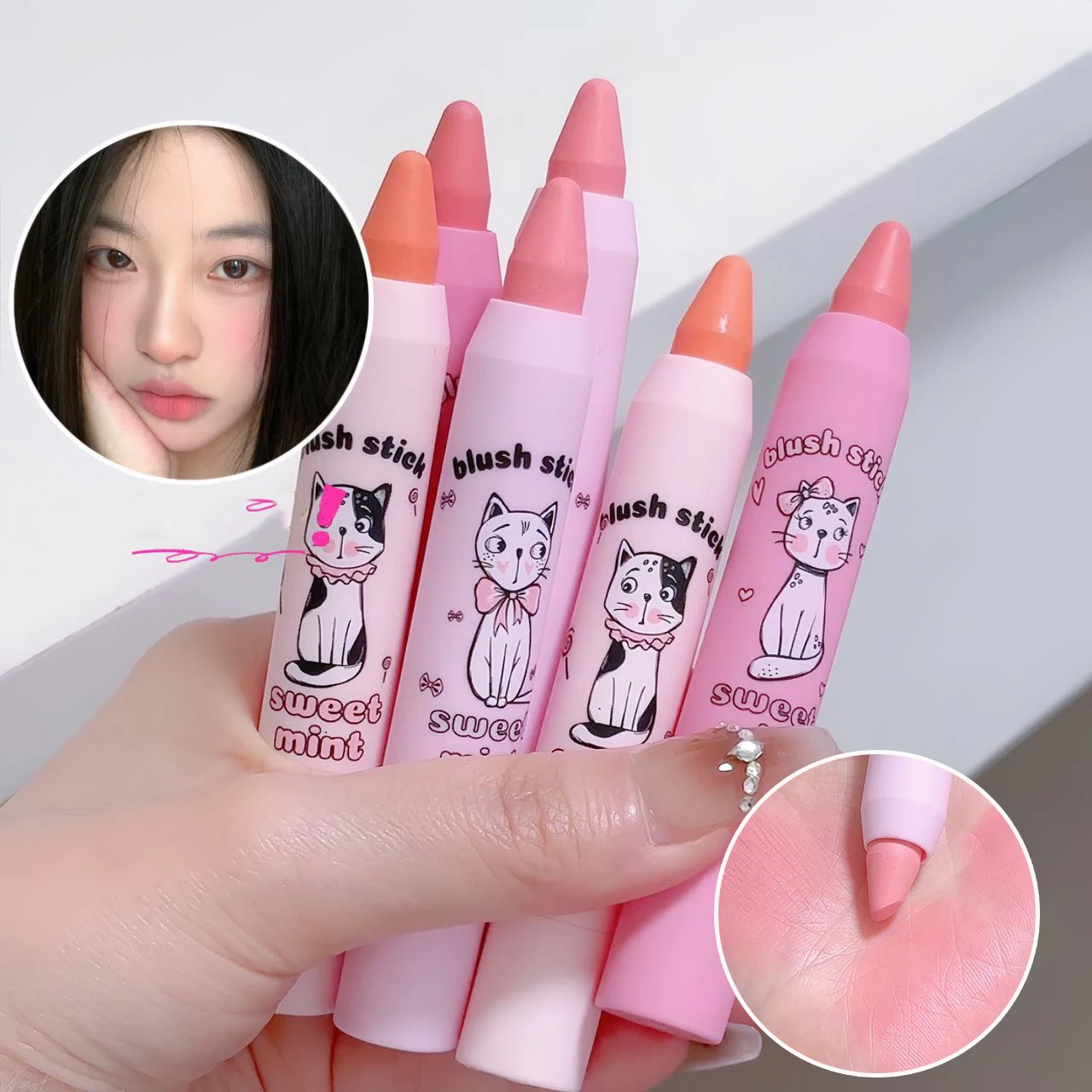 Monochrome Pink Cheek Blusher Tinted Stick Smooth Facial Cheek Expanding & Shrinking Color Rouge Shadow Pen Brighten Makeup