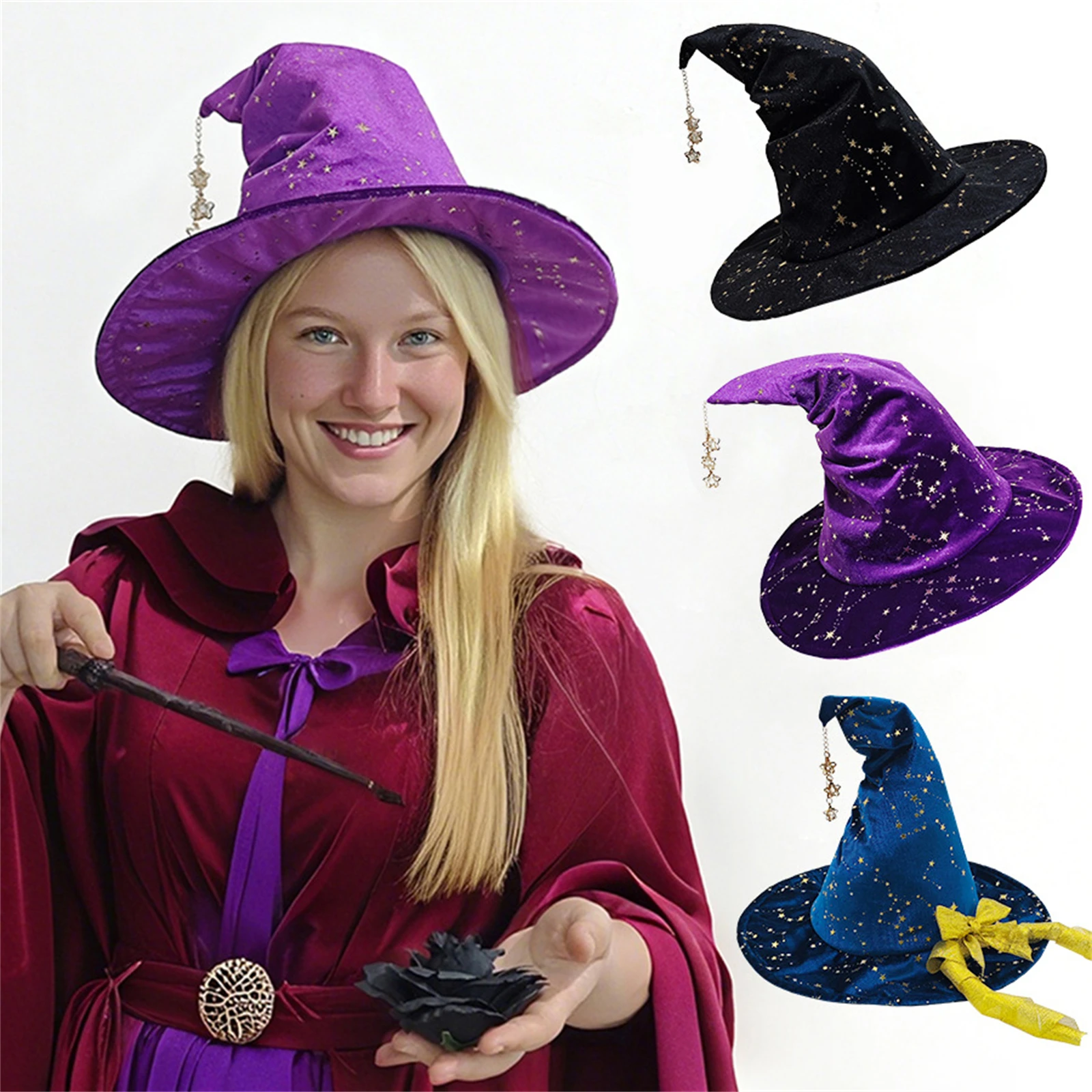 AwwwCos Star Print Wizard Hat with Gold Bow Adult Witch Pointed Hat with Star Pendant Halloween Cosplay Party Costume Accessory