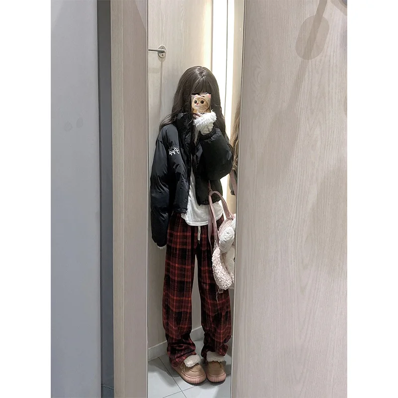 الأحمر منقوشة Fce اصطف واسعة الساق عارضة السراويل عالية الخصر مستقيم قطع الرياضة Sweatpants للنساء الخريف الشتاء فضفاضة تناسب